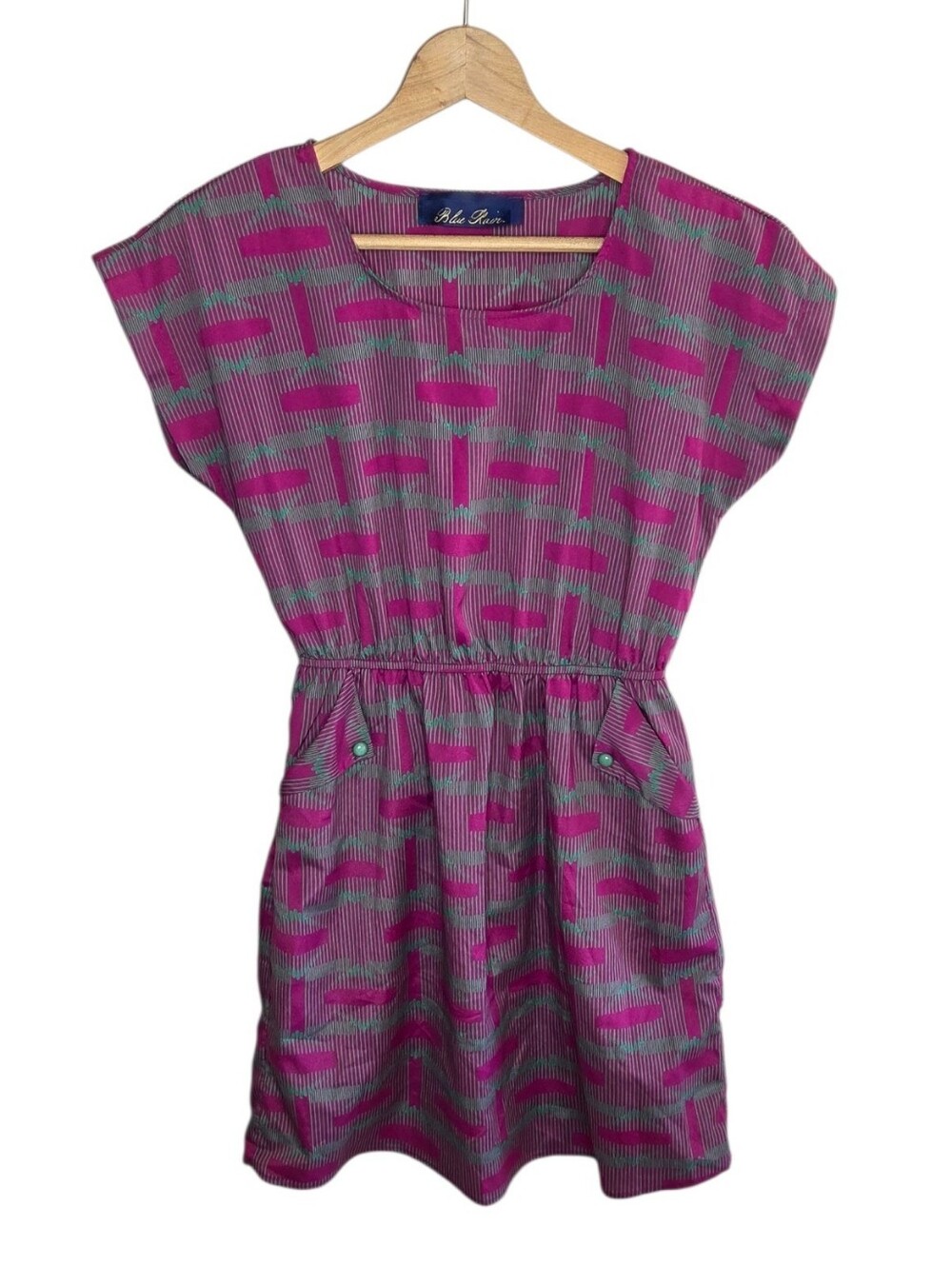 Y2K Blue Rain Magenta & Green Print Short Sleeve Dress with Pockets Size Small
